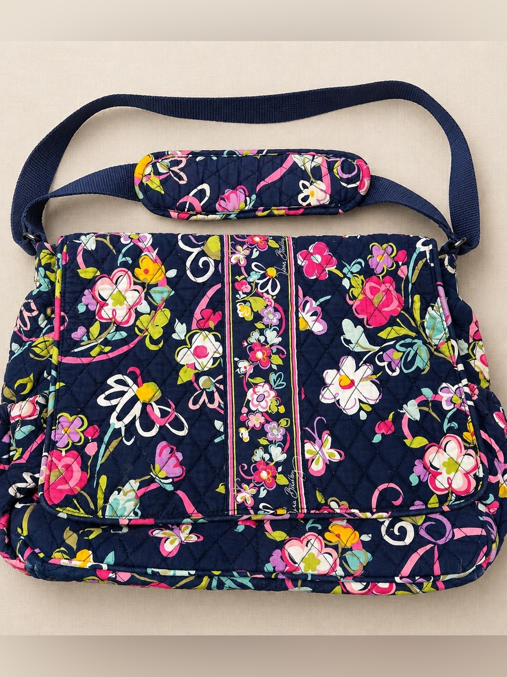 Vera Bradley Navy Quilted Floral Crossbody with Pink & Yellow Accents